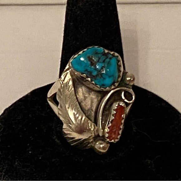 R CHEE VINTAGE NAVAJO STERLING SILVER RING RED BRANCH CORAL TURQUOISE SIZE 7 USA - Picture 4 of 13